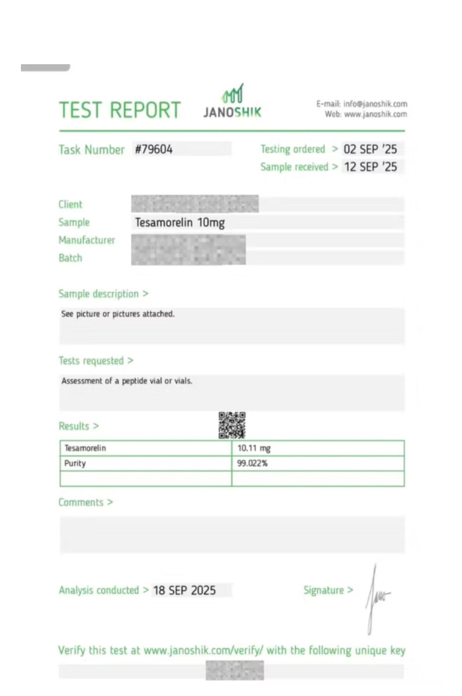 Lab report for Tesamorelin (10mg)