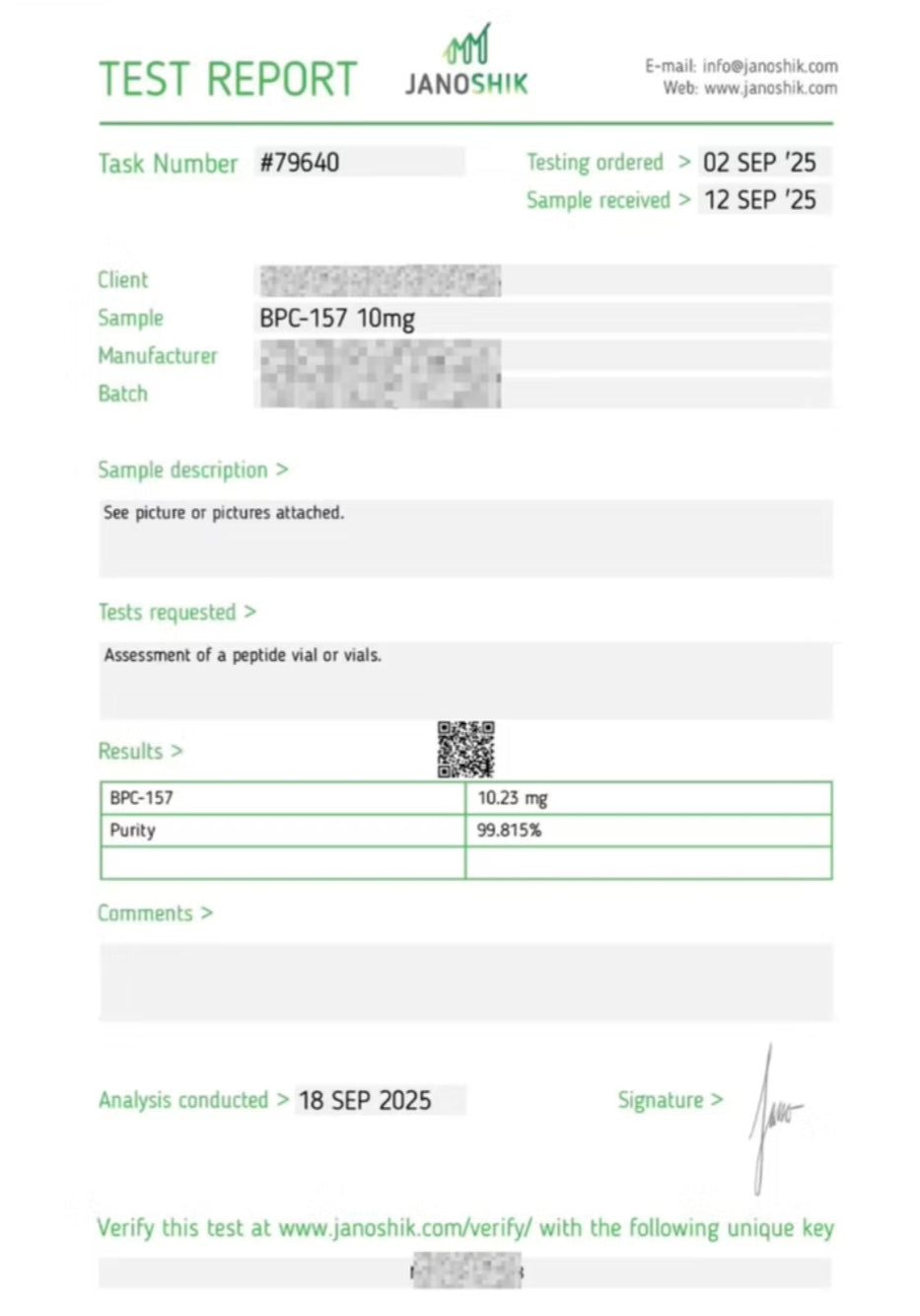Lab report for BPC-157 (10mg)