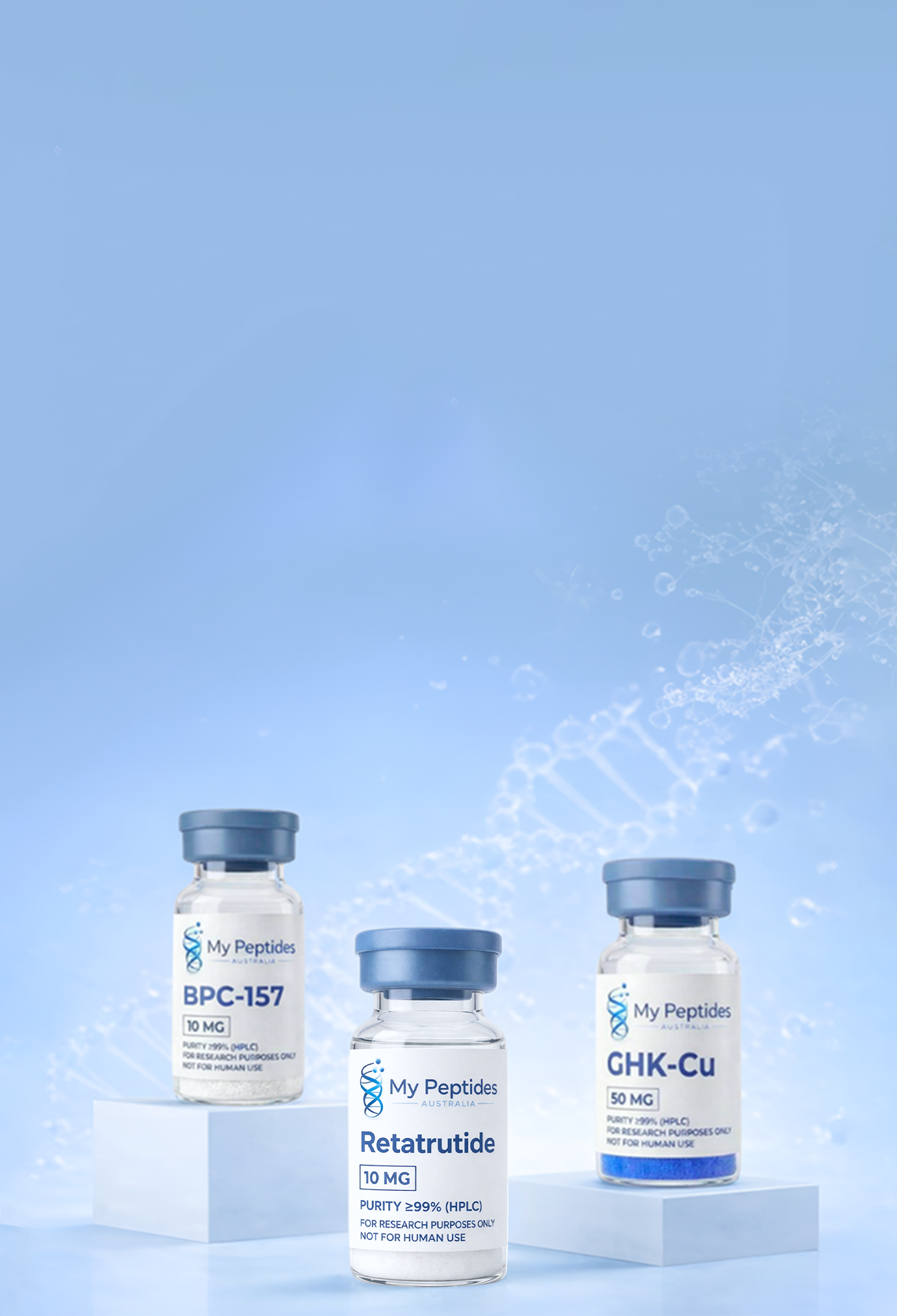 Research peptide vials on display podiums